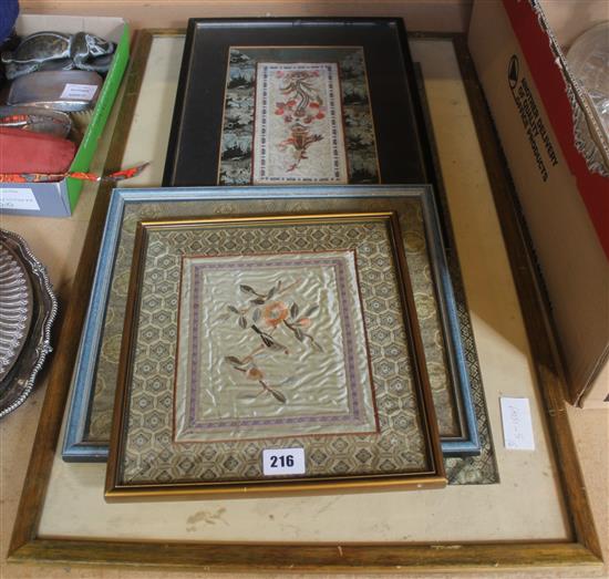 Four Chinese embroidered silk panels